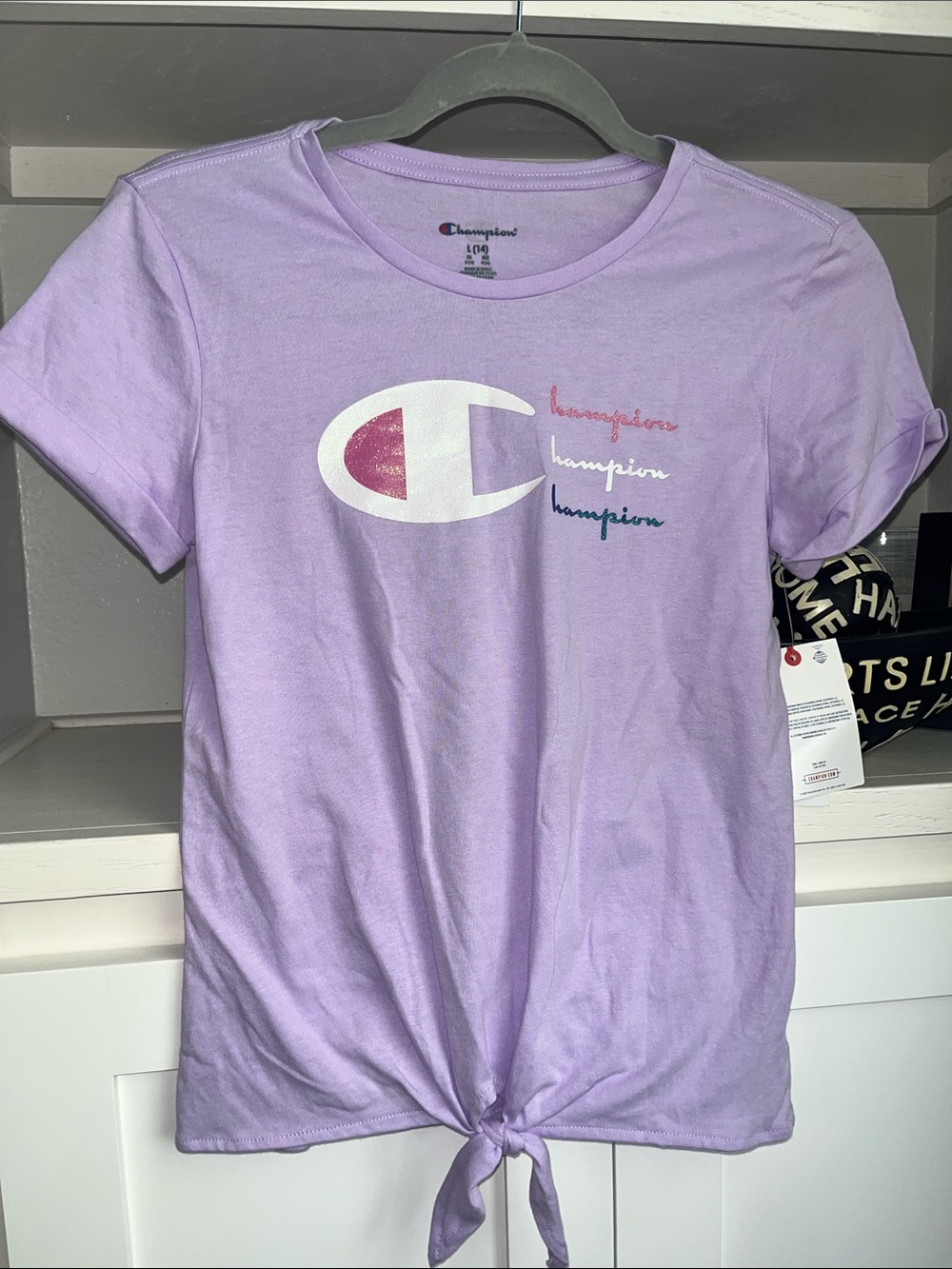 Champion Lavender Tie-Front Logo Tee with Multicolor Script